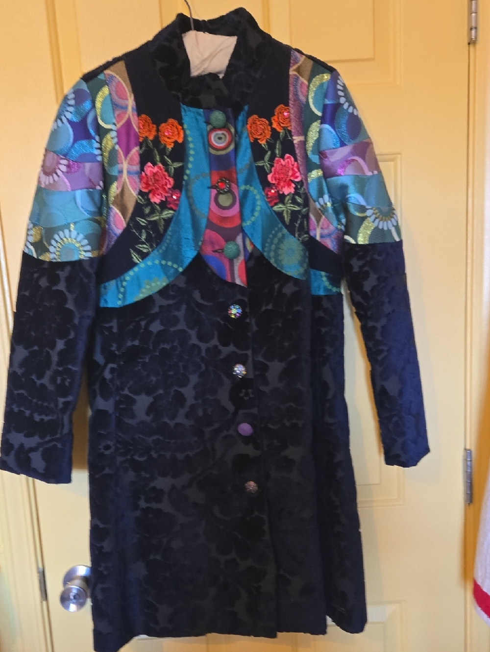 Desigual Navy/Black Velvet Trench Coat with Multicolor Embroidered Yoke